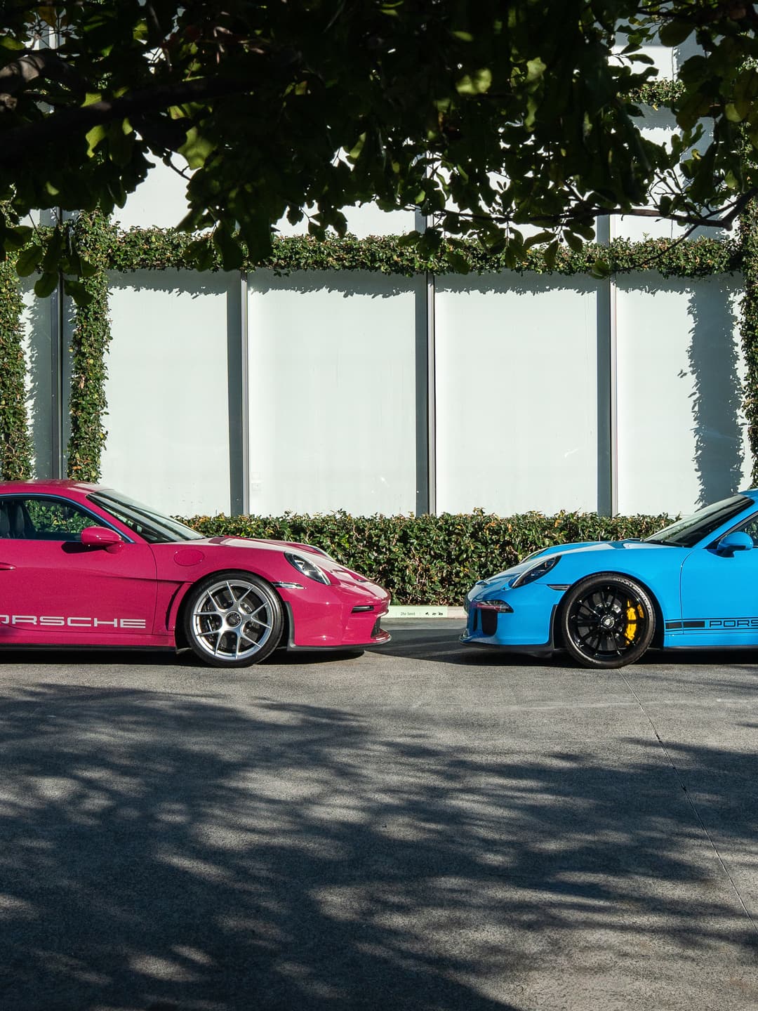 Pink Porsche 911 ST and Mexico blue Porsche 911 R parked side by side
